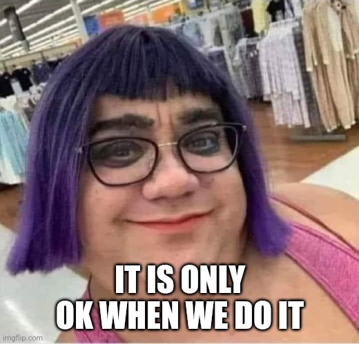 Purple Haired Leftist | IT IS ONLY OK WHEN WE DO IT | image tagged in purple haired leftist | made w/ Imgflip meme maker