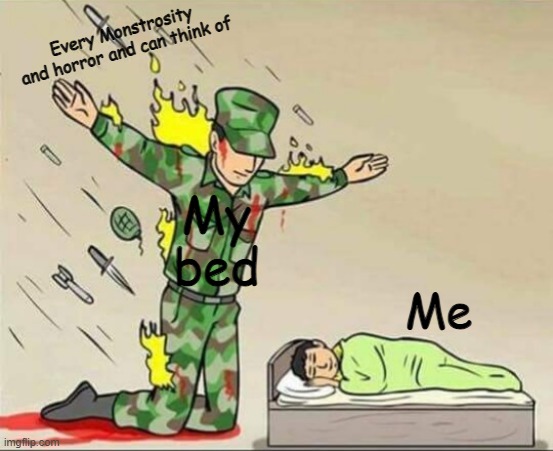 Bed protec from monster | Every Monstrosity and horror and can think of; My bed; Me | image tagged in soldier protecting sleeping child | made w/ Imgflip meme maker