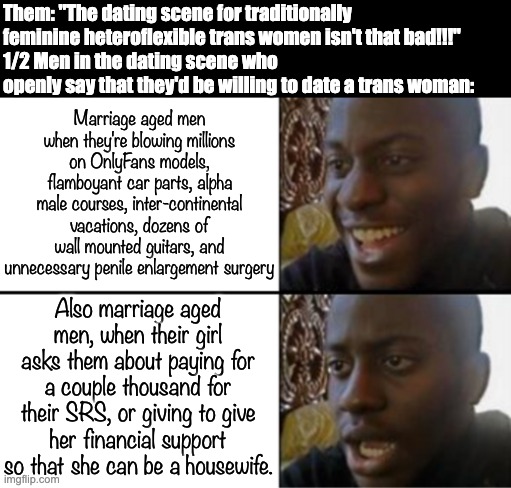 Normalize tributes! | Them: "The dating scene for traditionally feminine heteroflexible trans women isn't that bad!!!"
1/2 Men in the dating scene who openly say that they'd be willing to date a trans woman:; Marriage aged men when they're blowing millions on OnlyFans models, flamboyant car parts, alpha male courses, inter-continental vacations, dozens of wall mounted guitars, and unnecessary penile enlargement surgery; Also marriage aged men, when their girl asks them about paying for a couple thousand for their SRS, or giving to give her financial support so that she can be a housewife. | image tagged in oh yeah oh no,transgender,lgbt,single,trans woman,dating | made w/ Imgflip meme maker