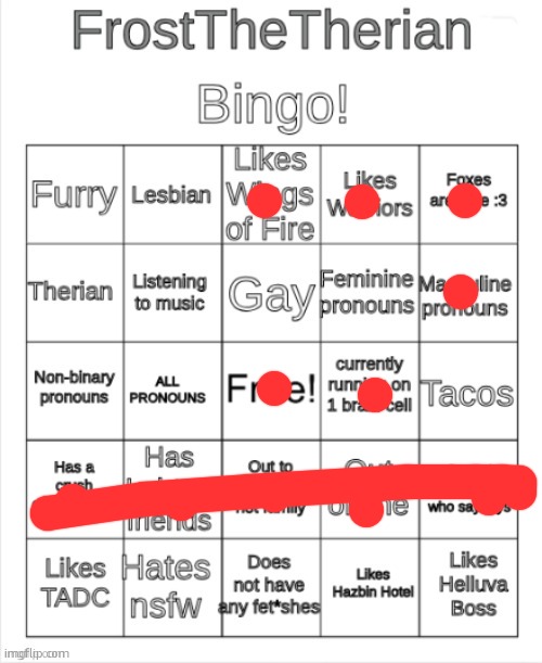 lebsbibans re kwel | image tagged in frost the therians bingo | made w/ Imgflip meme maker