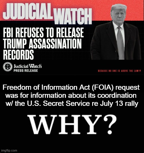 More questions than answers | Freedom of Information Act (FOIA) request 
was for information about its coordination 
w/ the U.S. Secret Service re July 13 rally | image tagged in politics,judicial watch,watchdog,foia,request | made w/ Imgflip meme maker