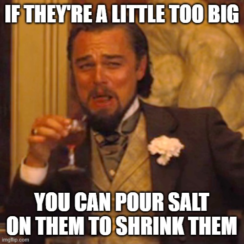 Laughing Leo Meme | IF THEY'RE A LITTLE TOO BIG YOU CAN POUR SALT ON THEM TO SHRINK THEM | image tagged in memes,laughing leo | made w/ Imgflip meme maker