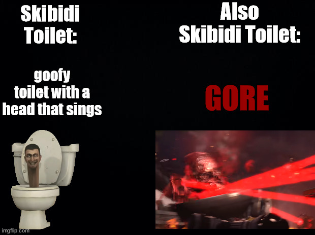 skibidi meme 5 | Also Skibidi Toilet:; Skibidi Toilet:; goofy toilet with a head that sings; GORE | image tagged in black background,skibidi toilet,skibidi | made w/ Imgflip meme maker