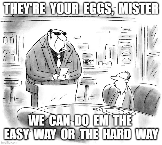 Easy or Hard | THEY'RE  YOUR  EGGS,  MISTER; WE  CAN  DO  EM  THE  EASY  WAY  OR  THE  HARD  WAY | image tagged in eggs | made w/ Imgflip meme maker