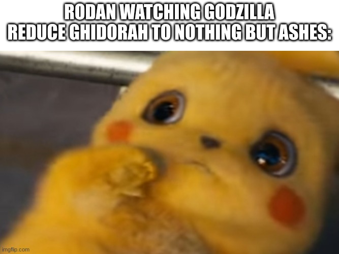 just paralyzed on the floor and watching in terror lol | RODAN WATCHING GODZILLA REDUCE GHIDORAH TO NOTHING BUT ASHES: | image tagged in scared pikachu | made w/ Imgflip meme maker