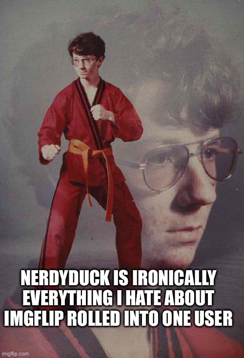 Low key hate him | NERDYDUCK IS IRONICALLY EVERYTHING I HATE ABOUT IMGFLIP ROLLED INTO ONE USER | image tagged in memes,karate kyle | made w/ Imgflip meme maker