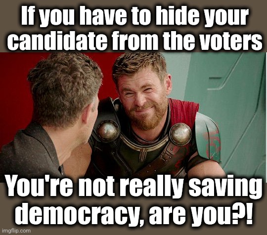 democrats "saving democracy" | If you have to hide your candidate from the voters; You're not really saving
democracy, are you?! | image tagged in thor is he though,memes,kamala harris,democrats,basement election campaign,saving democracy | made w/ Imgflip meme maker