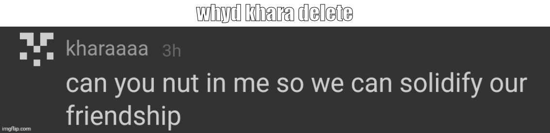 whyd kharaaaa delete | whyd khara delete | image tagged in can you nut in me so we can solidify our friendship | made w/ Imgflip meme maker