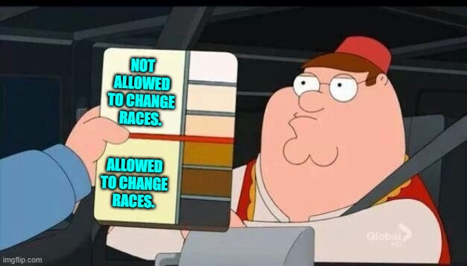 Leftist 'standards' are interesting. | NOT ALLOWED TO CHANGE RACES. ALLOWED TO CHANGE RACES. | image tagged in yep | made w/ Imgflip meme maker