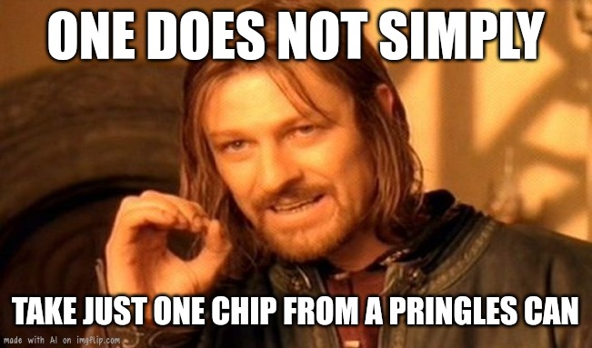 One Does Not Simply Meme | ONE DOES NOT SIMPLY; TAKE JUST ONE CHIP FROM A PRINGLES CAN | image tagged in memes,one does not simply | made w/ Imgflip meme maker