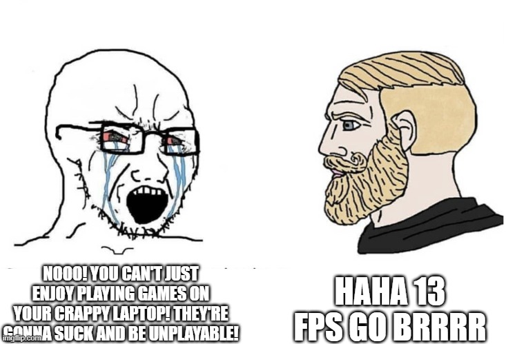 play what you want | HAHA 13 FPS GO BRRRR; NOOO! YOU CAN'T JUST ENJOY PLAYING GAMES ON YOUR CRAPPY LAPTOP! THEY'RE GONNA SUCK AND BE UNPLAYABLE! | image tagged in soyboy vs yes chad | made w/ Imgflip meme maker