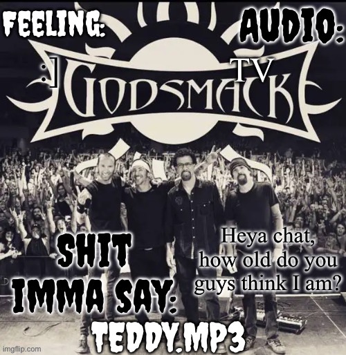 Random question cause some mf at my school said i was 17 | TV; :]; Heya chat, how old do you guys think I am? | image tagged in teddy's godsmack template | made w/ Imgflip meme maker