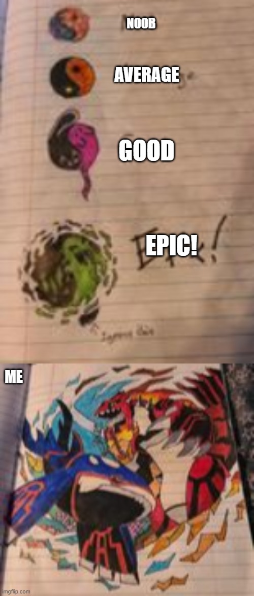 what's your drawing lvl? (all pictures drawn and taken by me. the last one is Kyorge and Groudon) | NOOB; AVERAGE; GOOD; EPIC! ME | made w/ Imgflip meme maker