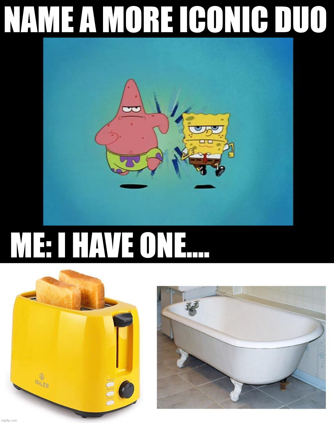 They seem to go together | NAME A MORE ICONIC DUO; ME: I HAVE ONE.... | image tagged in duos partner,name a more iconic duo,toaster,bathtub | made w/ Imgflip meme maker