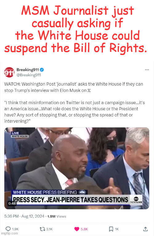 Another lib whining for censorship of the opposition | MSM Journalist just casually asking if the White House could suspend the Bill of Rights. | image tagged in fascist,libs,whining for censorship of conservatives,use the government to censor politial rivals | made w/ Imgflip meme maker