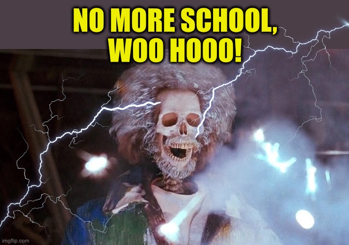 Electrocuted Skeleton | NO MORE SCHOOL,
WOO HOOO! | image tagged in electrocuted skeleton | made w/ Imgflip meme maker