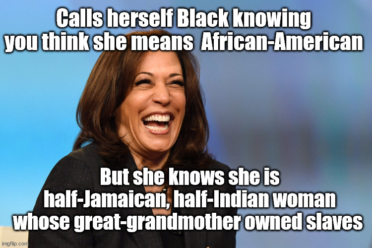 Is there anyone the left won't use to further their self interests? | Calls herself Black knowing you think she means  African-American; But she knows she is half-Jamaican, half-Indian woman whose great-grandmother owned slaves | image tagged in kamala harris laughing | made w/ Imgflip meme maker