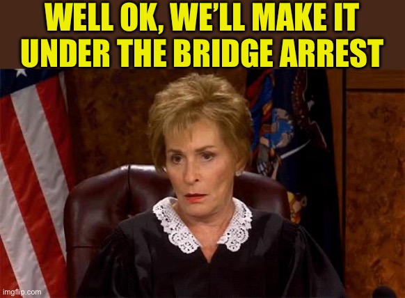 Judge Judy Unimpressed | WELL OK, WE’LL MAKE IT
UNDER THE BRIDGE ARREST | image tagged in judge judy unimpressed | made w/ Imgflip meme maker