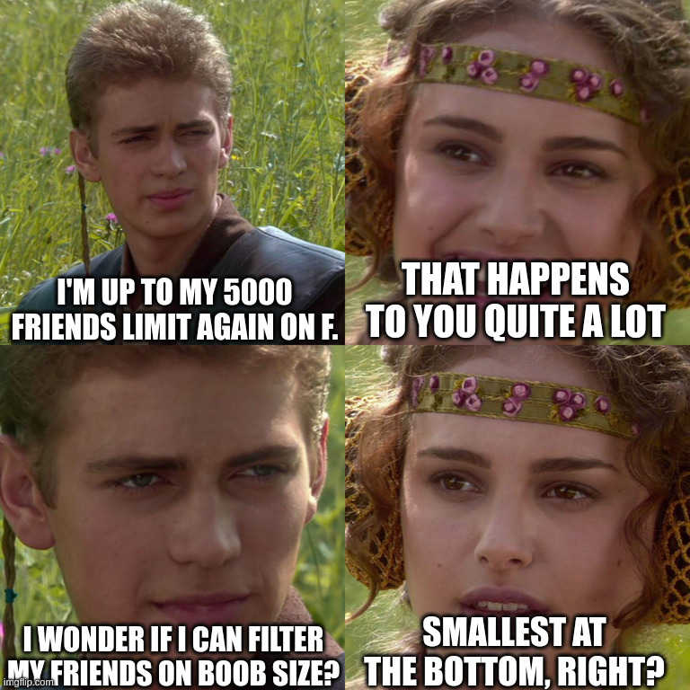 Anakin f Friends | I'M UP TO MY 5000 FRIENDS LIMIT AGAIN ON F. THAT HAPPENS TO YOU QUITE A LOT; I WONDER IF I CAN FILTER MY FRIENDS ON BOOB SIZE? SMALLEST AT THE BOTTOM, RIGHT? | image tagged in anakin padme 4 panel | made w/ Imgflip meme maker