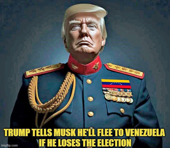 Trump will be on the lam in Venezuela if he loses the election! | TRUMP TELLS MUSK HE'LL FLEE TO VENEZUELA 
IF HE LOSES THE ELECTION | image tagged in donald trump,prison escape,venezuela | made w/ Imgflip meme maker