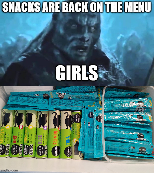 Snacks are back on the menu | SNACKS ARE BACK ON THE MENU; GIRLS | image tagged in lord of the rings meat's back on the menu | made w/ Imgflip meme maker