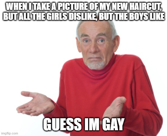 Guess I'm Gay | WHEN I TAKE A PICTURE OF MY NEW HAIRCUT, BUT ALL THE GIRLS DISLIKE, BUT THE BOYS LIKE; GUESS IM GAY | image tagged in guess i'll die | made w/ Imgflip meme maker