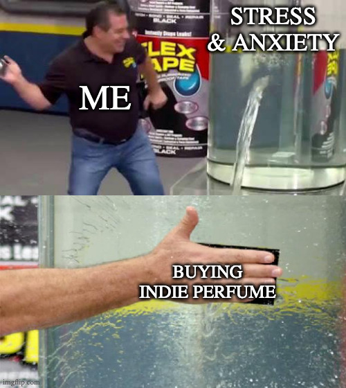 Flex Tape | STRESS & ANXIETY; ME; BUYING INDIE PERFUME | image tagged in flex tape | made w/ Imgflip meme maker