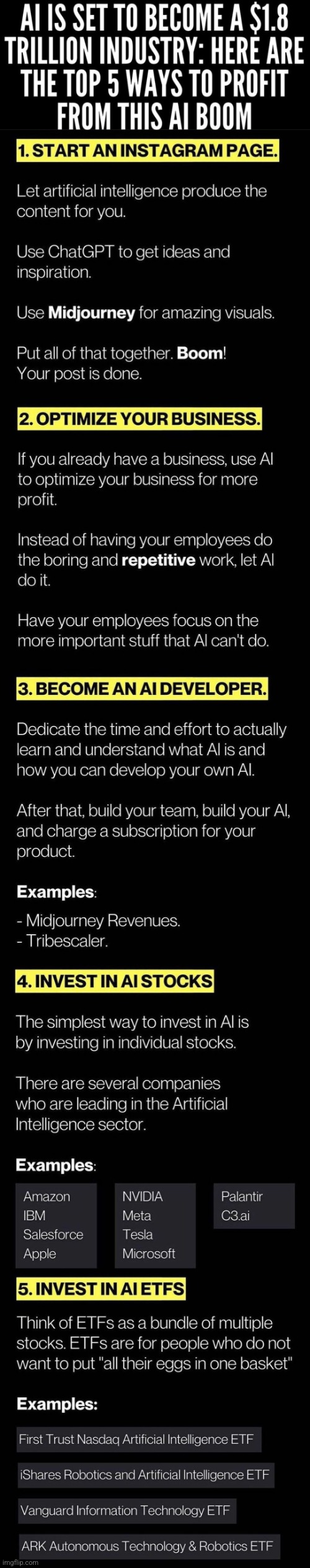 5 Ways To Profit Off Of A.I. :> | image tagged in simothefinlandized,artificial intelligence,business,infographics,tutorial | made w/ Imgflip meme maker
