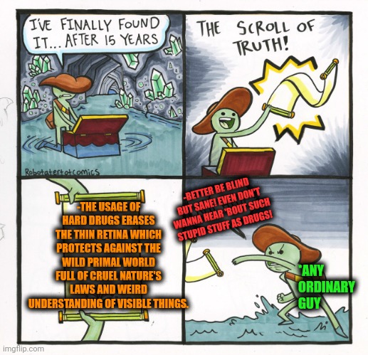 -The naked sight. | -THE USAGE OF HARD DRUGS ERASES THE THIN RETINA WHICH PROTECTS AGAINST THE WILD PRIMAL WORLD FULL OF CRUEL NATURE'S LAWS AND WEIRD UNDERSTANDING OF VISIBLE THINGS. -BETTER BE BLIND BUT SANE! EVEN DON'T WANNA HEAR 'BOUT SUCH STUPID STUFF AS DRUGS! *ANY ORDINARY GUY | image tagged in memes,the scroll of truth,don't do drugs,remove kebab,what a terrible day to have eyes,first world problems | made w/ Imgflip meme maker