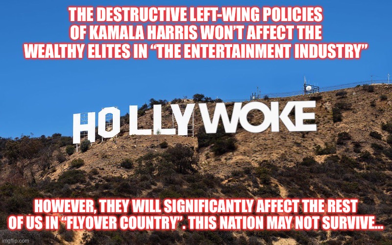 THE DESTRUCTIVE LEFT-WING POLICIES OF KAMALA HARRIS WON’T AFFECT THE WEALTHY ELITES IN “THE ENTERTAINMENT INDUSTRY”; HOWEVER, THEY WILL SIGNIFICANTLY AFFECT THE REST OF US IN “FLYOVER COUNTRY”. THIS NATION MAY NOT SURVIVE… | made w/ Imgflip meme maker