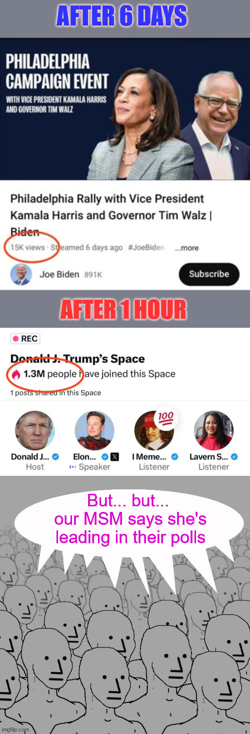 The MSM is gaslighting their sheep... | AFTER 6 DAYS; AFTER 1 HOUR; But... but...  our MSM says she's leading in their polls | image tagged in npc-crowd,gaslighting,most unpopular vp in the history of the us,same as 2020,2024 election steal | made w/ Imgflip meme maker