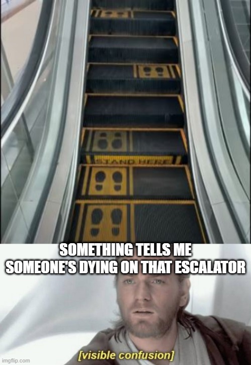 Stand Where? | SOMETHING TELLS ME SOMEONE'S DYING ON THAT ESCALATOR | image tagged in visible confusion | made w/ Imgflip meme maker