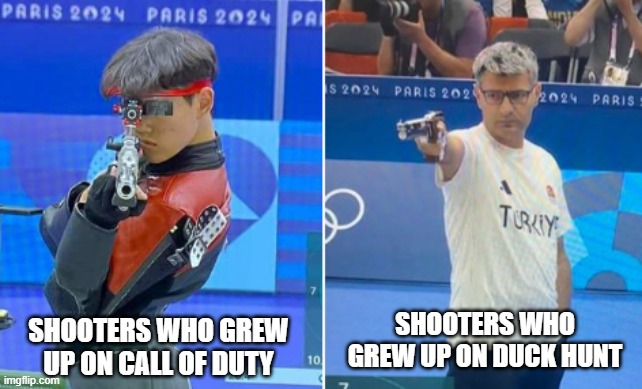 Forever Remembering Duck Hunt | SHOOTERS WHO GREW UP ON DUCK HUNT; SHOOTERS WHO GREW UP ON CALL OF DUTY | image tagged in turkey olympian gearless,duck hunt,call of duty,nintendo,playstation,xbox | made w/ Imgflip meme maker