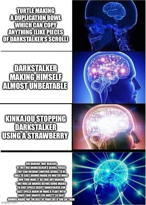 Wait a moment | TURTLE MAKING A DUPLICATION BOWL WHICH CAN COPY ANYTHING (LIKE PIECES OF DARKSTALKER’S SCROLL); DARKSTALKER MAKING HIMSELF ALMOST UNBEATABLE; KINKAJOU STOPPING DARKSTALKER USING A STRAWBERRY; THE DRAGON THAT REALIZES IF THEY USE DARKSTALKER’S SCROLL PIECES THEY CAN ENCHANT ANOTHER SCROLL TO BE ABLE TO CAST ANIMUS MAGIC NO MATTER WHAT AND THEN MAKE IT SO THAT ANY DRAGON THAT WAS AN ANIMUS BEFORE BEING UNABLE TO CAST SPELLS EXCEPT DARKSTALKER CAN CAST SPELLS AGAIN OR MAKE A PLANT WITH FRUIT THAT GRANTS THE ABILITY TO CAST ANIMUS MAGIC FOR THE REST OF YOUR LIFE IF YOU EAT THEM | image tagged in memes,expanding brain,wings of fire | made w/ Imgflip meme maker
