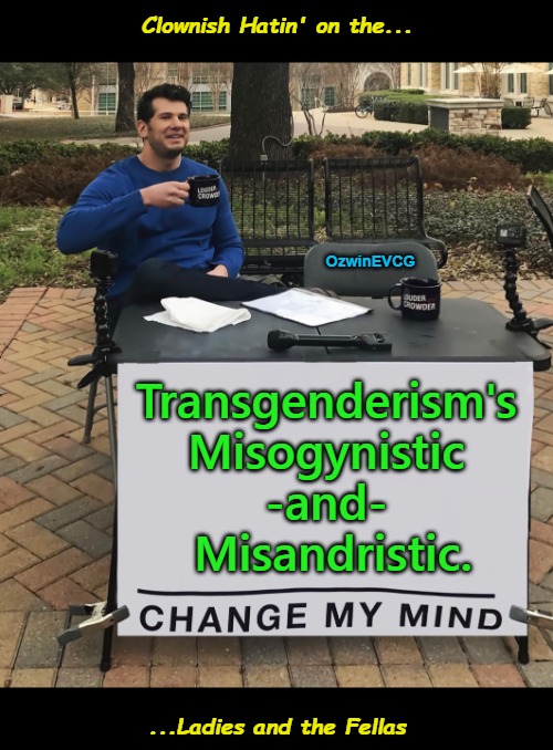 Clownish Hatin' on . . . | Clownish Hatin' on the... OzwinEVCG; Transgenderism's 

Misogynistic 

-and- 

Misandristic. ...Ladies and the Fellas | image tagged in political humor,social commentary,men,women,transgenderism,clown world | made w/ Imgflip meme maker