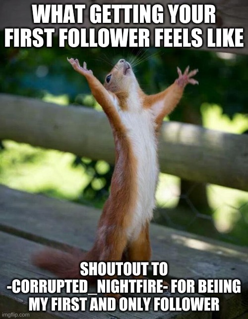 Thanks for 1 Follower! | WHAT GETTING YOUR FIRST FOLLOWER FEELS LIKE; SHOUTOUT TO -CORRUPTED_NIGHTFIRE- FOR BEIING MY FIRST AND ONLY FOLLOWER | image tagged in happy squirrel | made w/ Imgflip meme maker