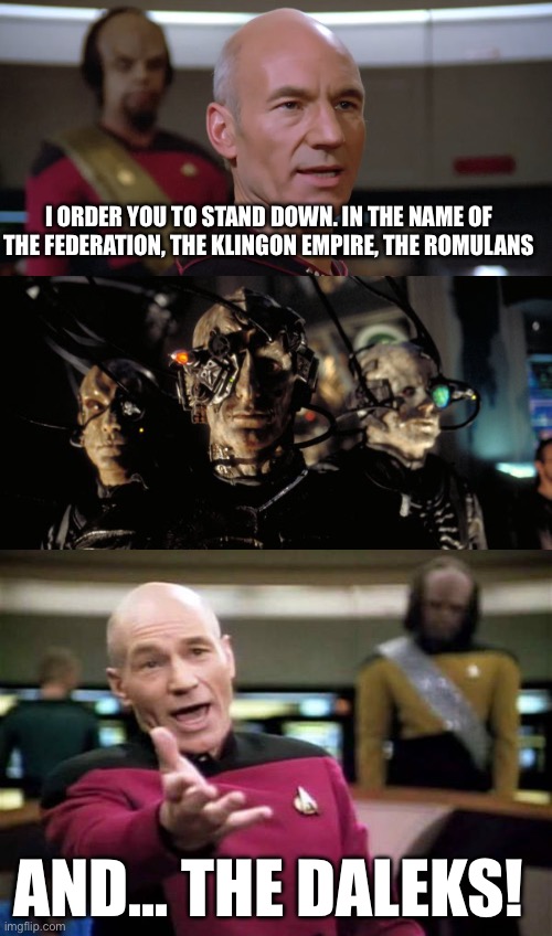 Picard’s order | I ORDER YOU TO STAND DOWN. IN THE NAME OF THE FEDERATION, THE KLINGON EMPIRE, THE ROMULANS; AND… THE DALEKS! | image tagged in star trek the next generation | made w/ Imgflip meme maker