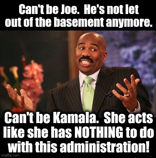 Can't be Joe.  He's not let
out of the basement anymore. Can't be Kamala.  She acts
like she has NOTHING to do
with this administration! | image tagged in memes,steve harvey,blank black | made w/ Imgflip meme maker