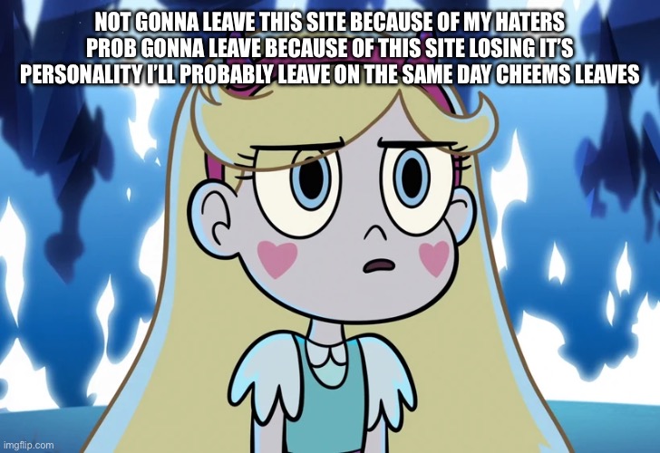 Star Butterfly looking serious | NOT GONNA LEAVE THIS SITE BECAUSE OF MY HATERS PROB GONNA LEAVE BECAUSE OF THIS SITE LOSING IT’S PERSONALITY I’LL PROBABLY LEAVE ON THE SAME DAY CHEEMS LEAVES | image tagged in star butterfly looking serious | made w/ Imgflip meme maker