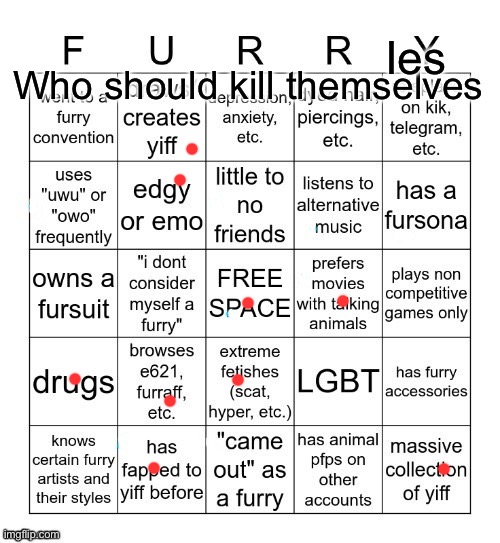 . | Ies; Who should kill themselves | image tagged in furry bingo v2 | made w/ Imgflip meme maker