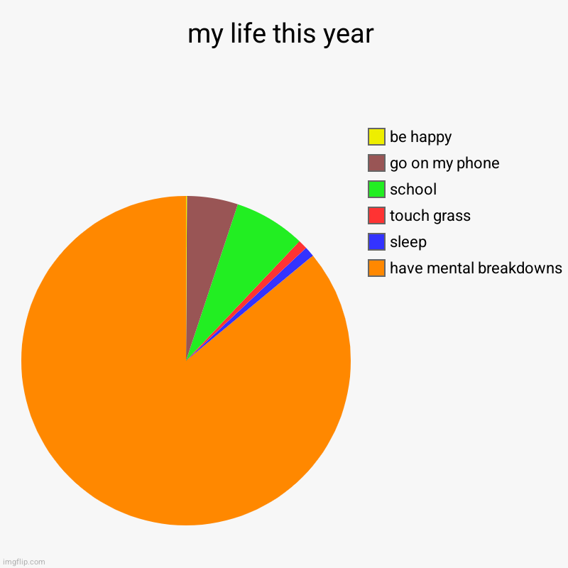 life is fun | my life this year | have mental breakdowns, sleep, touch grass, school, go on my phone, be happy | image tagged in charts,pie charts | made w/ Imgflip chart maker