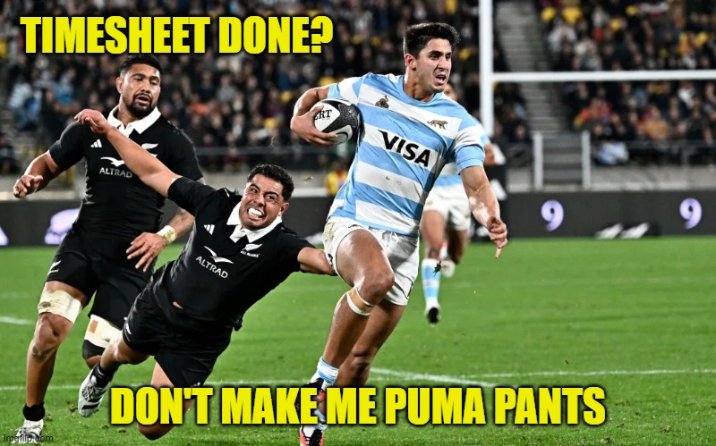 Puma timesheet reminder | TIMESHEET DONE? DON'T MAKE ME PUMA PANTS | image tagged in puma,timesheet reminder,timesheet meme,all blacks vs argentina | made w/ Imgflip meme maker