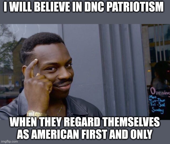 Everything but.... | I WILL BELIEVE IN DNC PATRIOTISM; WHEN THEY REGARD THEMSELVES AS AMERICAN FIRST AND ONLY | image tagged in memes,roll safe think about it | made w/ Imgflip meme maker