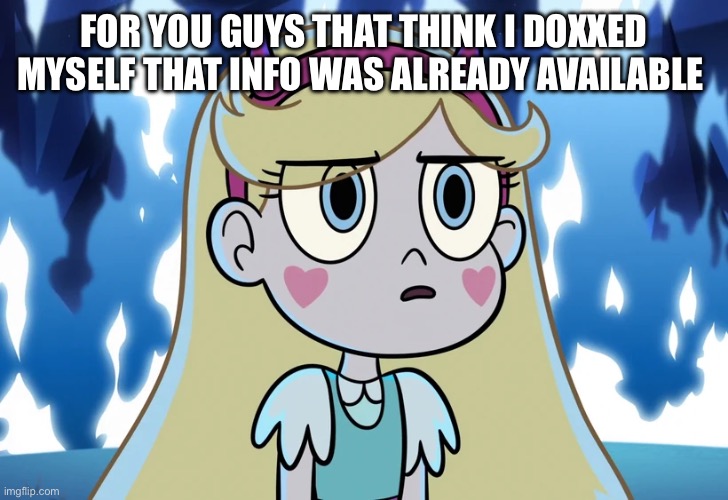 Star Butterfly looking serious | FOR YOU GUYS THAT THINK I DOXXED MYSELF THAT INFO WAS ALREADY AVAILABLE | image tagged in star butterfly looking serious | made w/ Imgflip meme maker