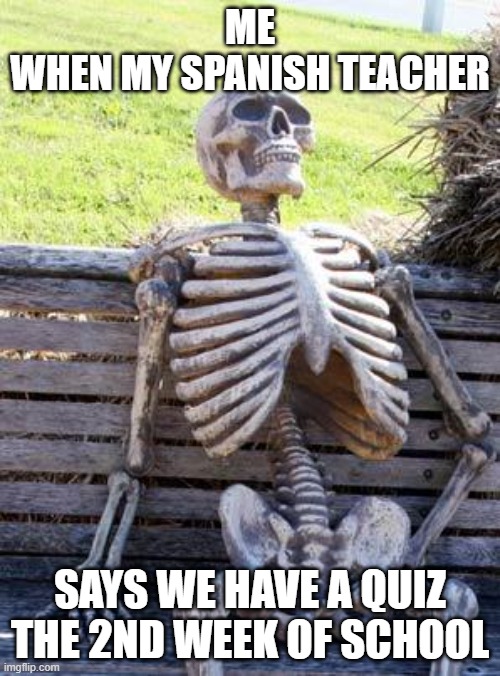 Waiting Skeleton | ME
WHEN MY SPANISH TEACHER; SAYS WE HAVE A QUIZ THE 2ND WEEK OF SCHOOL | image tagged in memes,waiting skeleton | made w/ Imgflip meme maker