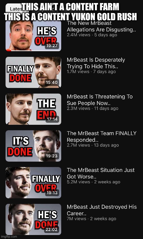 Not defending MrBeast he’s evil but the milking is wild | THIS AIN’T A CONTENT FARM THIS IS A CONTENT YUKON GOLD RUSH | made w/ Imgflip meme maker