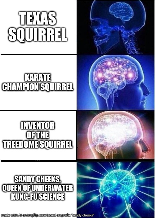 Expanding Brain | TEXAS SQUIRREL; KARATE CHAMPION SQUIRREL; INVENTOR OF THE TREEDOME SQUIRREL; SANDY CHEEKS, QUEEN OF UNDERWATER KUNG-FU SCIENCE | image tagged in memes,expanding brain | made w/ Imgflip meme maker