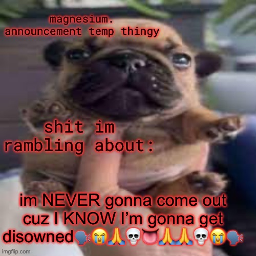 pug temp | im NEVER gonna come out cuz I KNOW I’m gonna get disowned🗣️😭🙏💀👅🙏🙏💀😭🗣️ | image tagged in pug temp | made w/ Imgflip meme maker