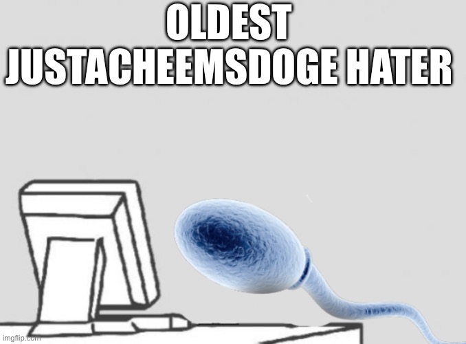 Sperm sitting at computer | OLDEST JUSTACHEEMSDOGE HATER | image tagged in sperm sitting at computer | made w/ Imgflip meme maker