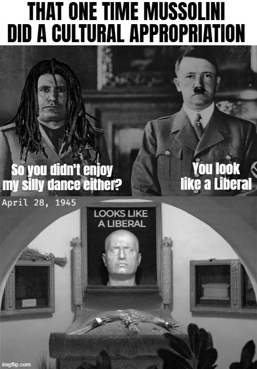 THAT ONE TIME MUSSOLINI DID A CULTURAL APPROPRIATION; You look like a Liberal; So you didn't enjoy my silly dance either? | image tagged in politics lol,hitler,mussolini,cultural appropriation,liberals | made w/ Imgflip meme maker